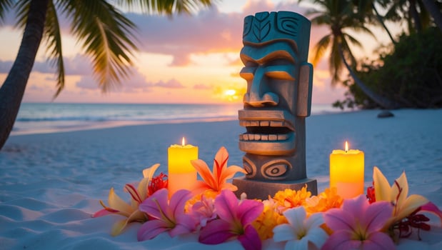 Tiki statue on the beach with candles and flowers photo