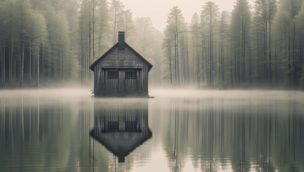 A small house sits on the edge of a lake photo