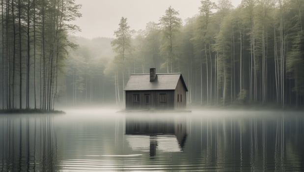 A house sits on a small island in the middle of a lake photo