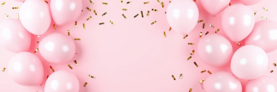 Festive pink balloons and confetti arranged on a pastel background ready for celebration photo