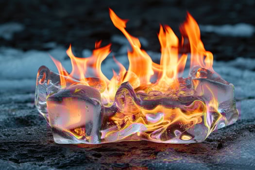 A fire is burning in an ice cube photo