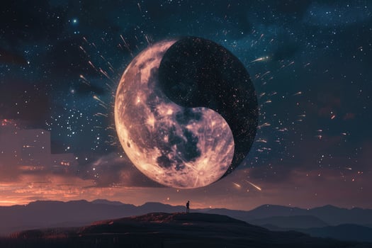 The moon is seen in the sky with a man standing on top of a hill photo