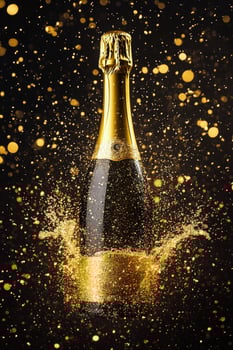 Sparkling champagne bottle with golden bokeh lights in celebration atmosphere photo
