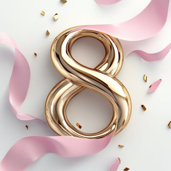 Elegant rose gold number eight surrounded by pink ribbons and flowers for a celebration or special occasion photo