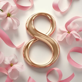 Elegant rose gold number eight surrounded by pink ribbons and flowers for a celebration or special occasion photo