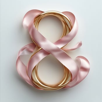 Elegant pink ribbon forming the number eight with wedding rings in a modern design concept photo