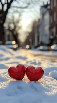 Red hearts resting on snow create a cozy winter atmosphere in a chilly landscape photo