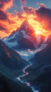 Majestic mountain landscape at sunrise with golden light illuminating the valley below photo