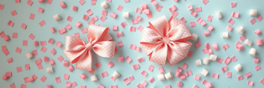 Colorful bows surrounded by pink and white confetti on a light blue background create a festive atmosphere photo