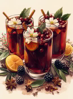 Refreshing berry cocktails garnished with flowers and fruits served in elegant glassware photo