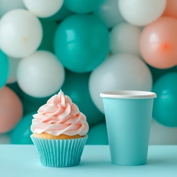 Delightful cupcake with pink frosting beside a takeout coffee cup and colorful balloons in the background photo