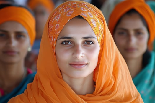 Women wearing orange turbans in a serene outdoor setting during the day photo