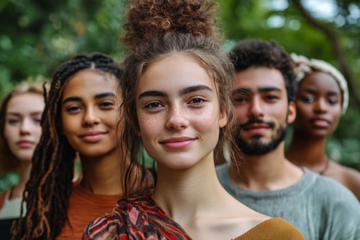 Diverse group of friends standing together outdoors in natural light with smiles on their faces photo