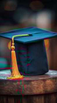 Graduation cap on wooden table with blurred background showcasing autumn colors photo