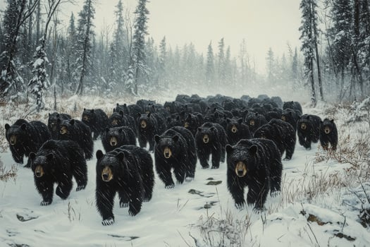 Herd of bears running through snowy forest in winter wilderness photo