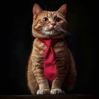 Cat dressed in a red tie poses elegantly against a dark background in a studio setting photo