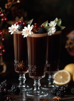Refreshing berry cocktails garnished with flowers and fruits served in elegant glassware photo