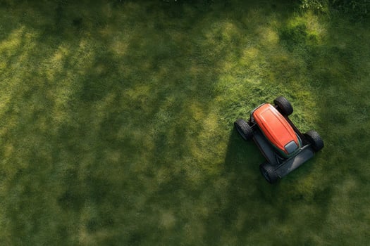 Lawn mower resting in a lush green field under soft morning light photo