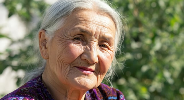 Elderly asian woman smiling in sunlit garden portrait for cultural representation concepts photo