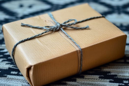 A brown wrapped gift box on a black and white patterned rug photo