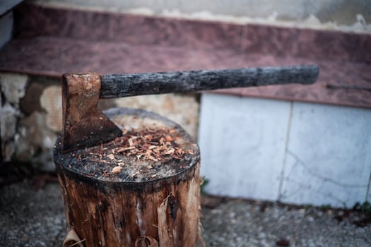 Old and Rusty Axe Embedded in Tree Trunk photo