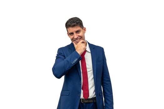 Seductively Posed Businessman in Blue Suit and Red Tie white background photo