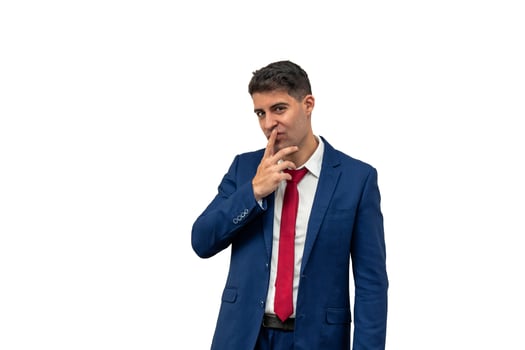 Seductive Businessman with Finger on Lips Looking at Camera white background photo