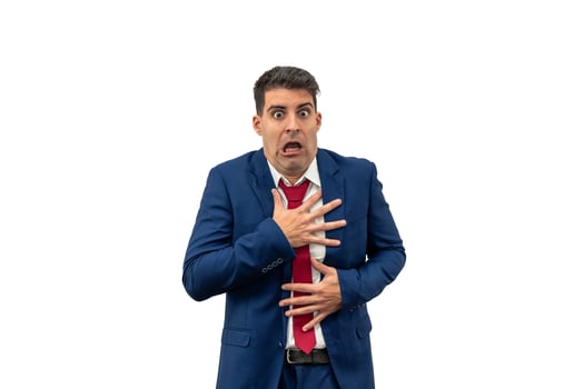 Startled Businessman Clutching Chest with Hands white background photo