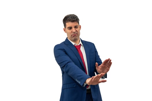 Conflicted Businessman with Rejection Gesture and Contradictory Expression white background photo