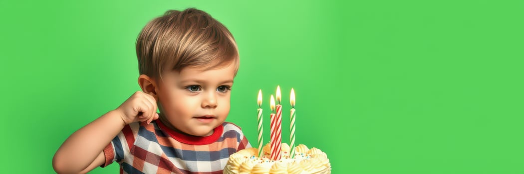 Young child making a wish while preparing to blow out birthday candles on a colorful cake photo