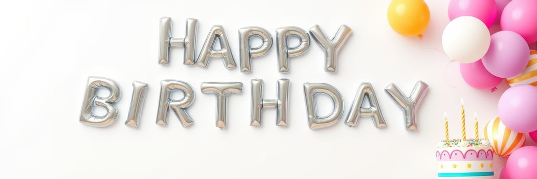 Colorful birthday decorations with silver balloons and a layered cake create a joyful celebration atmosphere photo