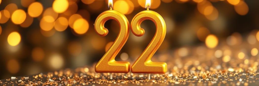Golden candles display the number 22, symbolizing celebration and joy in a festive setting photo