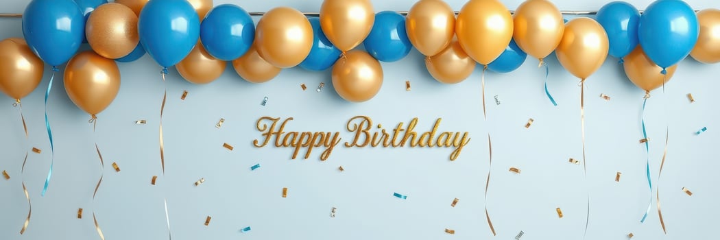 Celebration of a special birthday with blue and gold balloons and confetti decorations in a festive setting photo
