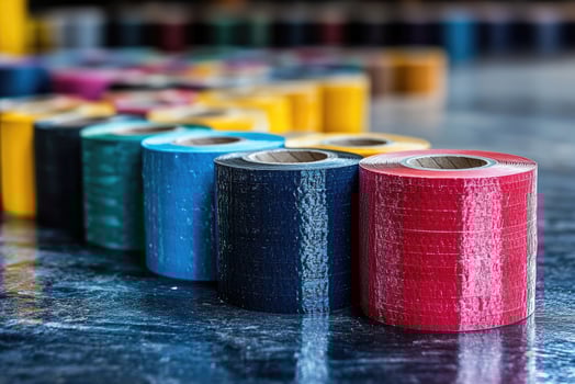 Colorful insulating tapes lying on metal surface in a row photo