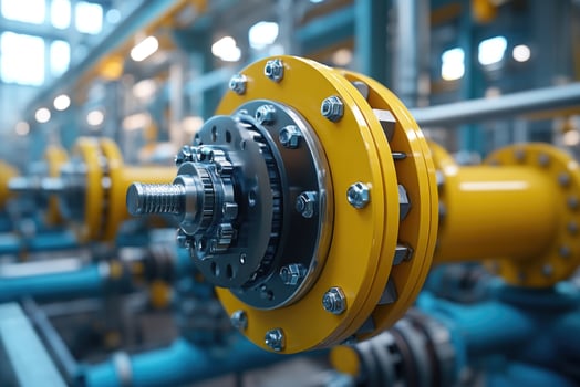 Industrial gear connecting yellow pipes in modern factory photo