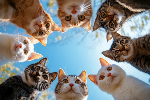 Curious cats forming a circle and looking down at the camera under a blue sky photo