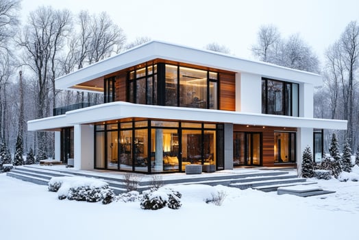 Modern house with large panoramic windows surrounded by snow covered trees photo