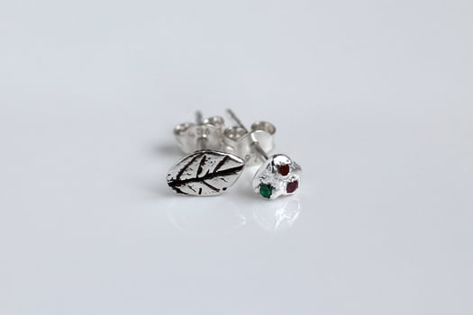 Silver stud earrings with unique nature design and colorful gemstones. Handmade jewelry. photo