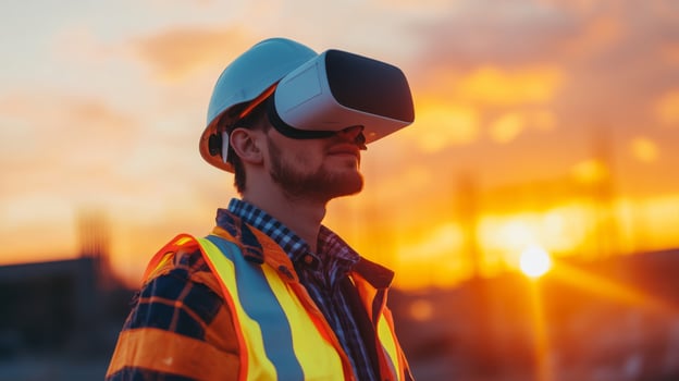 A man wearing a virtual reality headset stands outdoors, surveying a construction site during sunset. Vibrant colors fill the sky as he engages with AI tools for real estate development analysis. photo