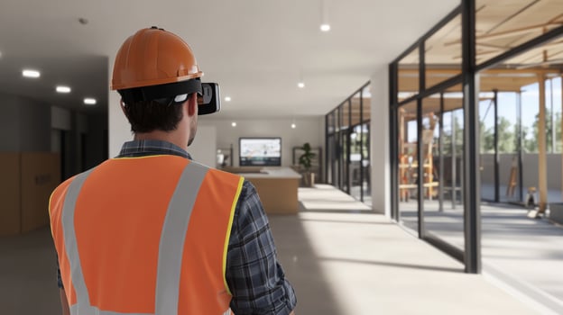 A construction worker wearing a hard hat and virtual reality headset examines an open office space. photo
