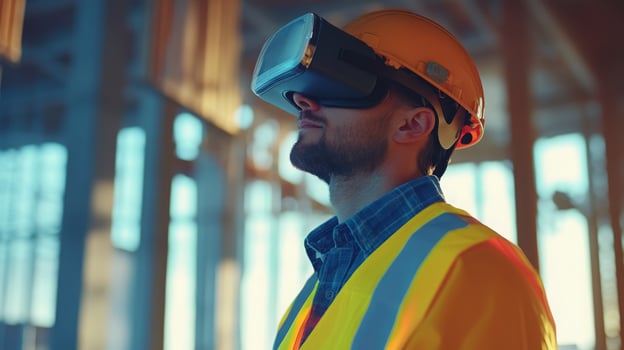 A construction worker wearing a virtual reality headset stands inside a building under construction. He is focused on planning and visualizing real estate development using innovative technology. photo