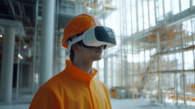 A construction professional wears virtual reality goggles at a busy real estate site, exploring design options and enhancements. This technology aids in visualizing architectural plans and layouts. photo