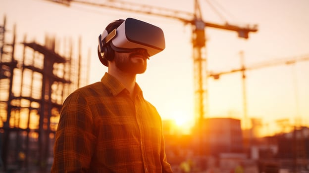 A person wearing virtual reality goggles stands at a construction site, engaging with technology that enhances real estate experiences. The sunset casts a warm glow over the bustling environment. photo