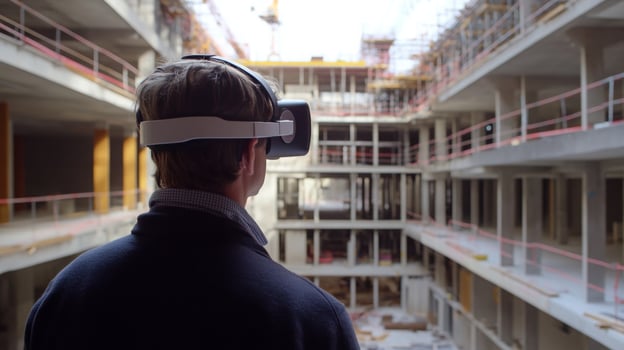 A person is using virtual reality technology to visualize real estate development in a large, unfinished construction site. The setting showcases exposed beams and incomplete structures. photo