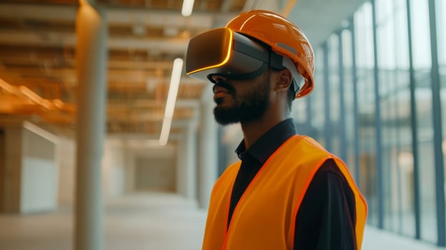 A construction worker wearing a VR headset stands in a spacious, brightly lit building under construction, engaging with virtual tools that enhance real estate planning and design. photo