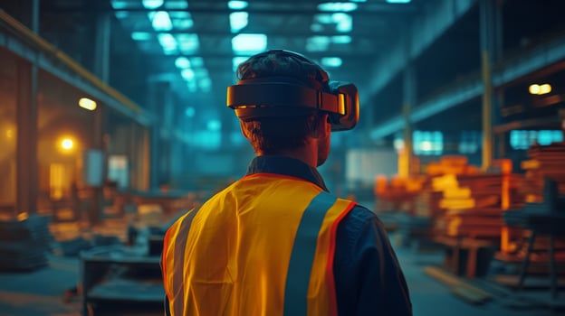 A construction professional wearing virtual reality goggles investigates innovative real estate solutions in a dimly lit warehouse. photo
