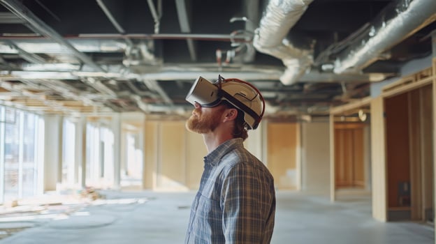 A man wearing a virtual reality headset and hard hat explores an empty construction site. The interior showcases exposed beams and unfinished walls, highlighting the potential for future development. photo