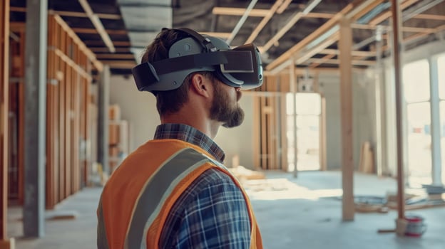 A construction professional dons virtual reality glasses while surveying an unfinished real estate project. photo