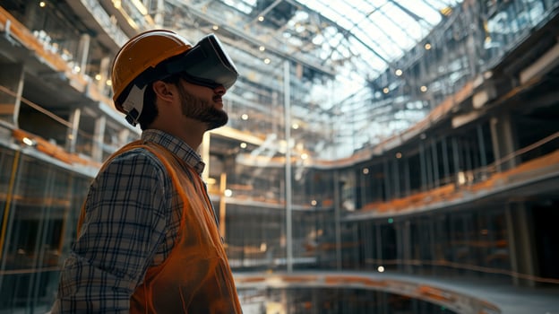 A construction site is illuminated by natural light as a real estate expert, wearing a virtual reality headset, assesses the ongoing building project. photo