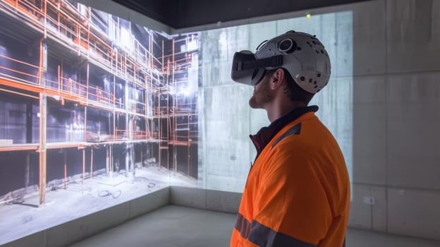 A construction worker in safety gear uses virtual reality to visualize real estate projects on large screens. photo